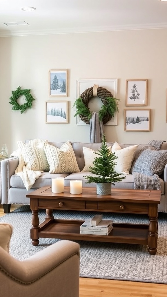 Post-Christmas Living Room Decor Ideas A winter-themed living room with a gray sofa, cozy textiles, and warm lighting.